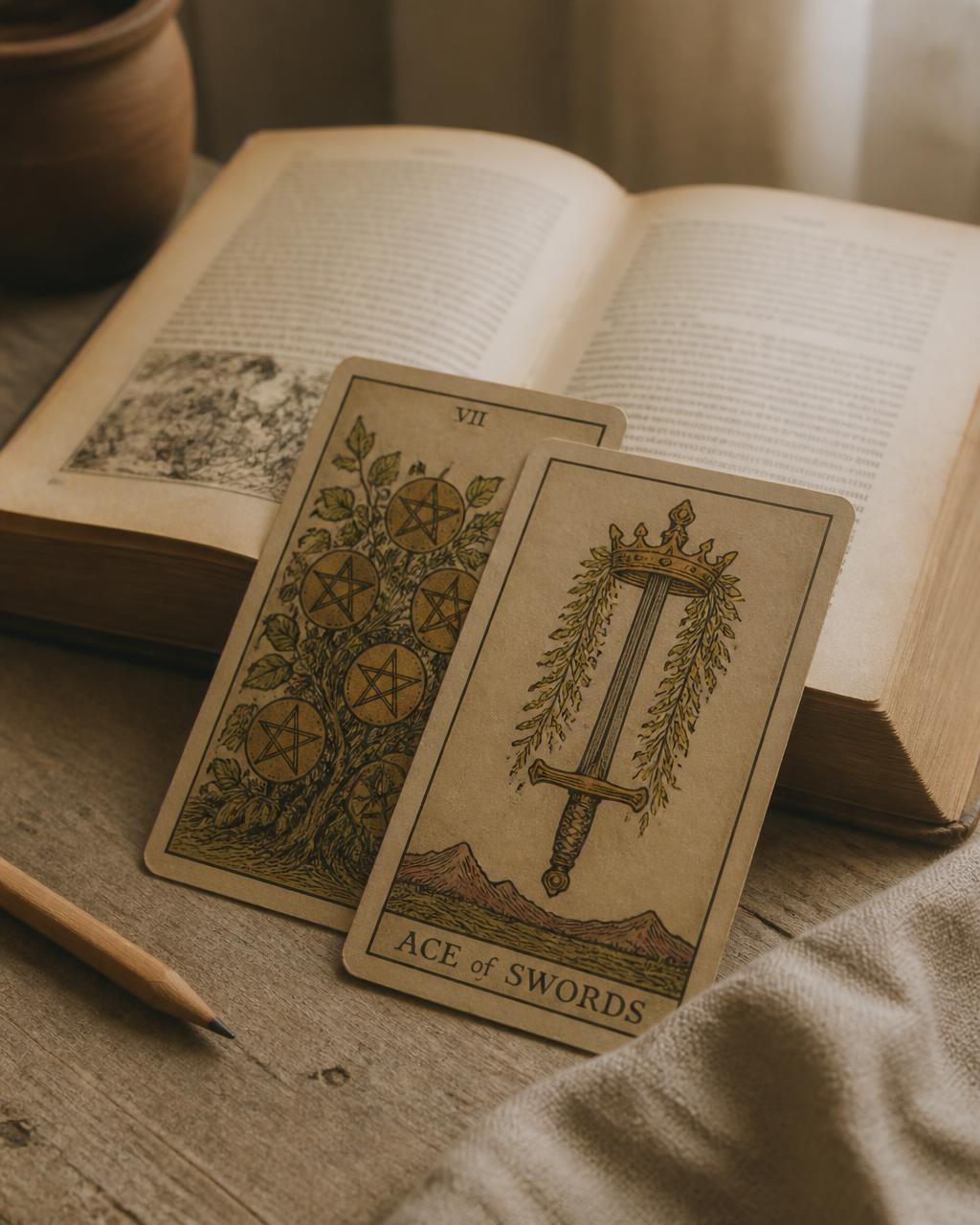 Cartas de tarô dispostas sobre a mesa durante um encontro ao vivo