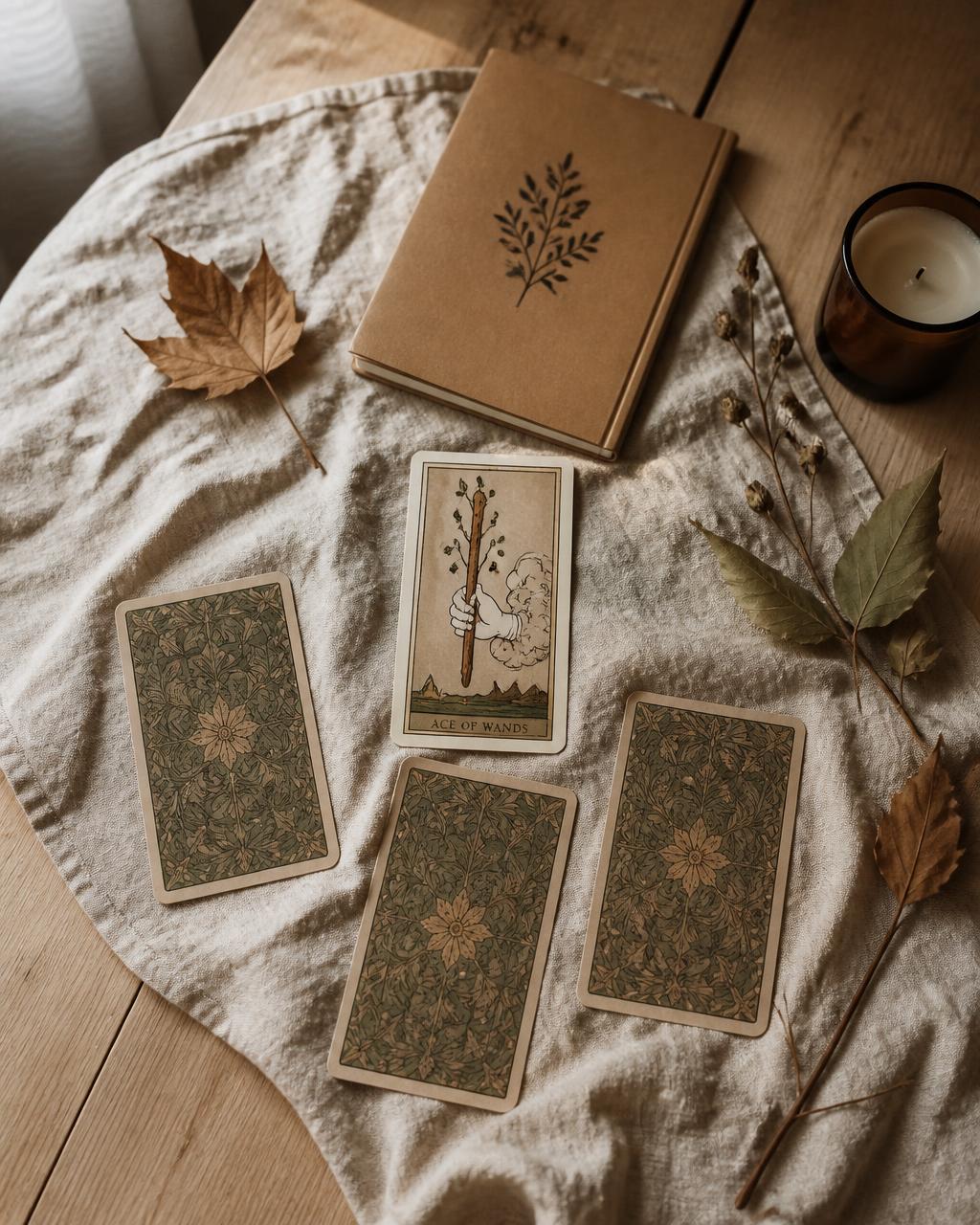 Mesa de madeira com cartas de tarô, caderno kraft, vela e folhas secas sobre linho cru
