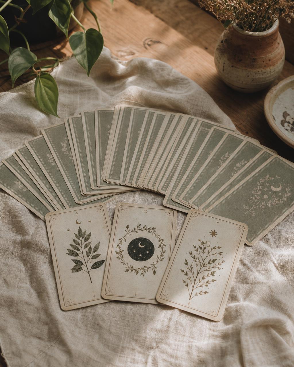 Leque de cartas de tarô aberto em arco sobre linho cru, com luz natural de janela